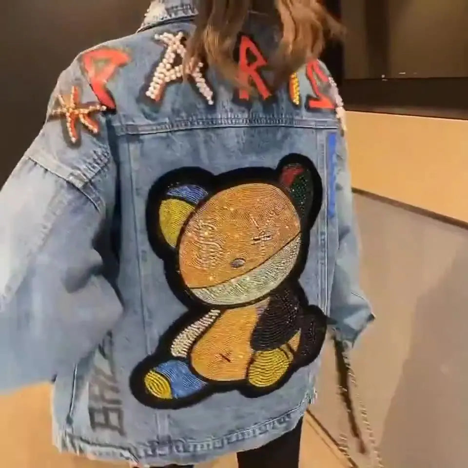 2021 Rhinestone Heavy Beading Women Jeans Jacket Plus Size Loose Fit Blue Denim Jeans Women Jackets