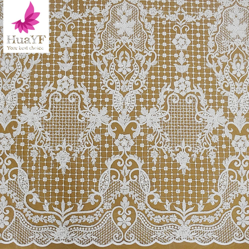 HY1989-1 High-quality Luxury African Tulle Sequin Embroidered White Lace With Beaded European Wedding Lace Fabric