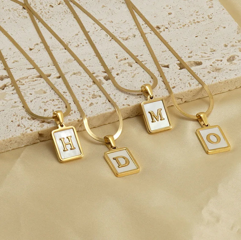 New 18K Gold Stainless Steel Flat Snake Link Chain Necklaces Natural Shell Square Shape Initial Letter Pendant Necklace