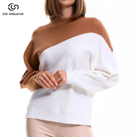Custom Logo Embroidered Women's Round Neck Thick Two-Color Wool Pullover Sweater Knitted Casual Sweatshirt Front Logo Position