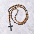 Natural Wood Stone Beads Catholic Christ Rosary Necklaces for Women Men Hematite Cross Pendant Necklace Meditation Mala