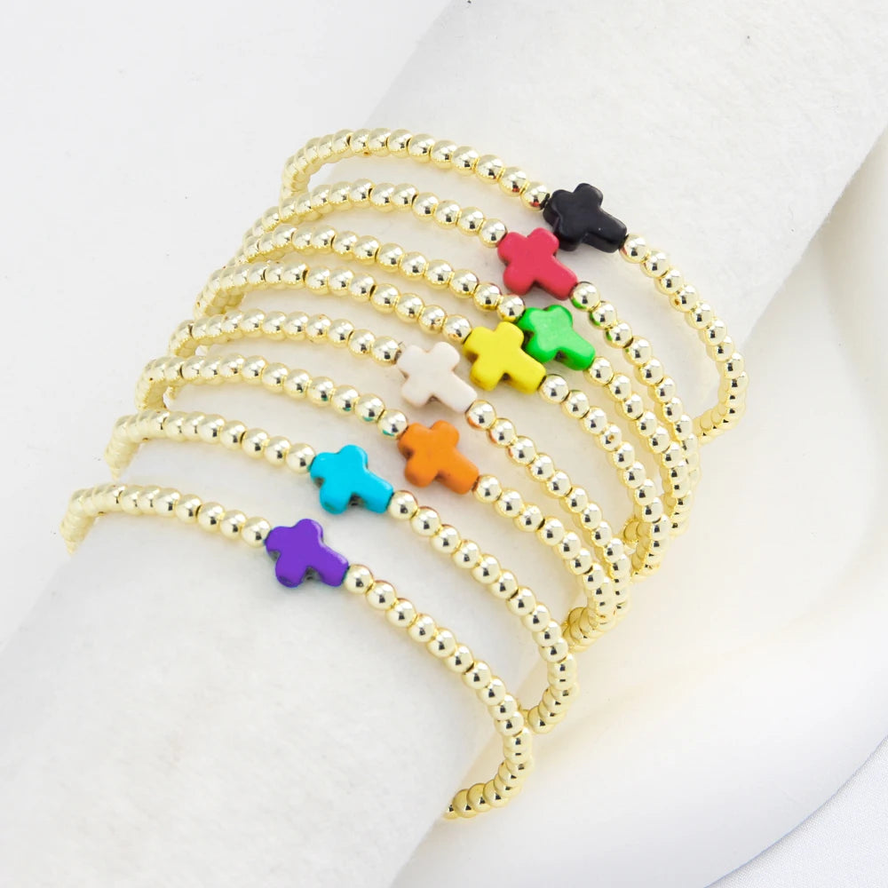 Women Personalize Custom Jewelry 8 Color 3mm Preserving Bead Gold Hematite Stretch Bracelet Men Turquoise Cross Elastic Bracelet