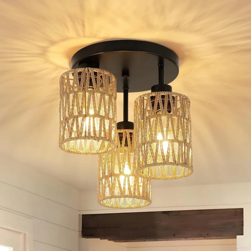 Boho Paper Rope 3-Light Ceiling Lamp Vintage Chandelier E27 Rustic Fixtures for Living Room Bedroom Dining Table Kitchen Hallway