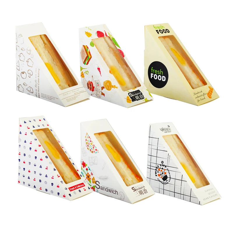 Customized Biodegradable Triangular Shape Kraft Paper Sandwich Packing Box With Pla Window