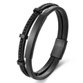 YUNSE OT-412 Simple Black Beaded Genuine Leather Punk Style Stainless Steel Magnetic Clasp Braided Bangle for Men Gift Jewelry