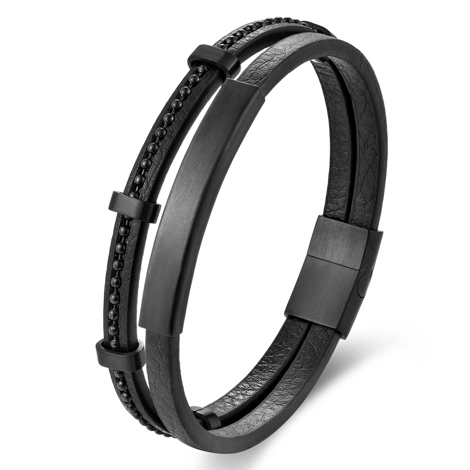 YUNSE OT-412 Simple Black Beaded Genuine Leather Punk Style Stainless Steel Magnetic Clasp Braided Bangle for Men Gift Jewelry