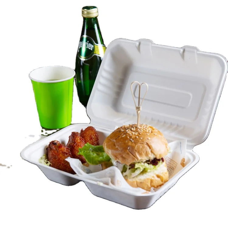 BioKing Factory Bagasse Biodegradable and Compostable Take-away Paper Sugarcane Tableware Disposable 9x6 Clamshell