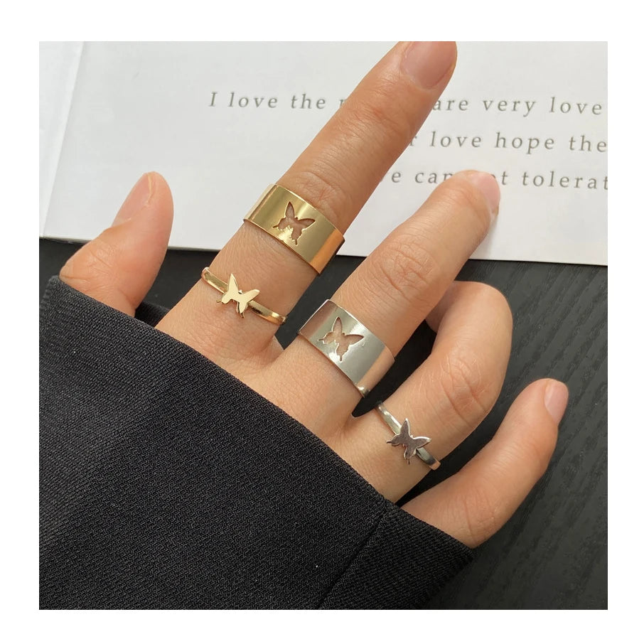 New Trendy Couple Pair Ring Ins Wind Romantic Hollow Adjustable Butterfly Star Moon Index Finger Open Ring for Women Men