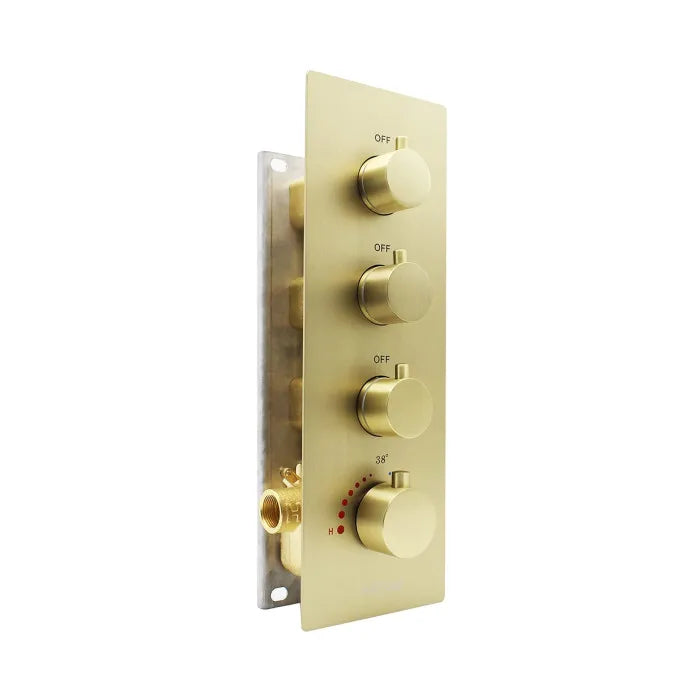 Brushed Gold Uncoated Brass 3 Ways Shower Diverter Valve Thermostatic 3 Outlets 3 Handles Control Shower Mixing Valve Trim Kit