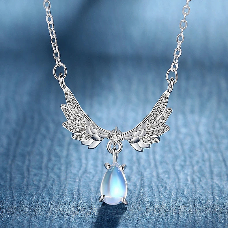 925 Sterling Silver Wings of Angle Necklace Artificial Crystal Moonstone Pendant Clavicle Chain Necklaces for Women