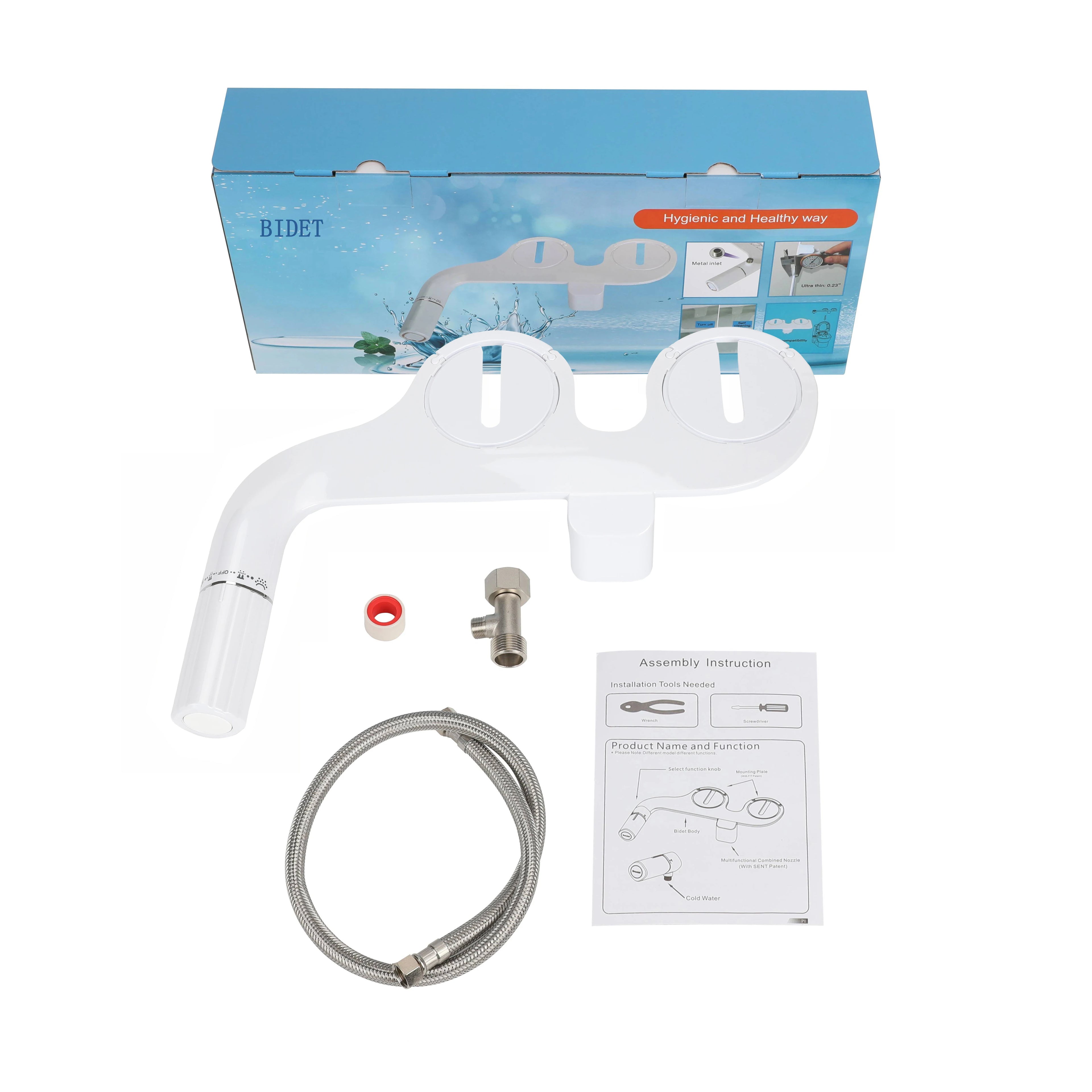 White Self-Cleaning Dual Nozzle Bidet Attachment Fresh Water Sprayer Non Electric Cold Water Toilet Bidets