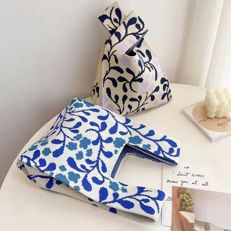 Korean Design Vintage Bag Flower Pattern Bag One Shoulder Handbag Vest Knitted Bag for Women