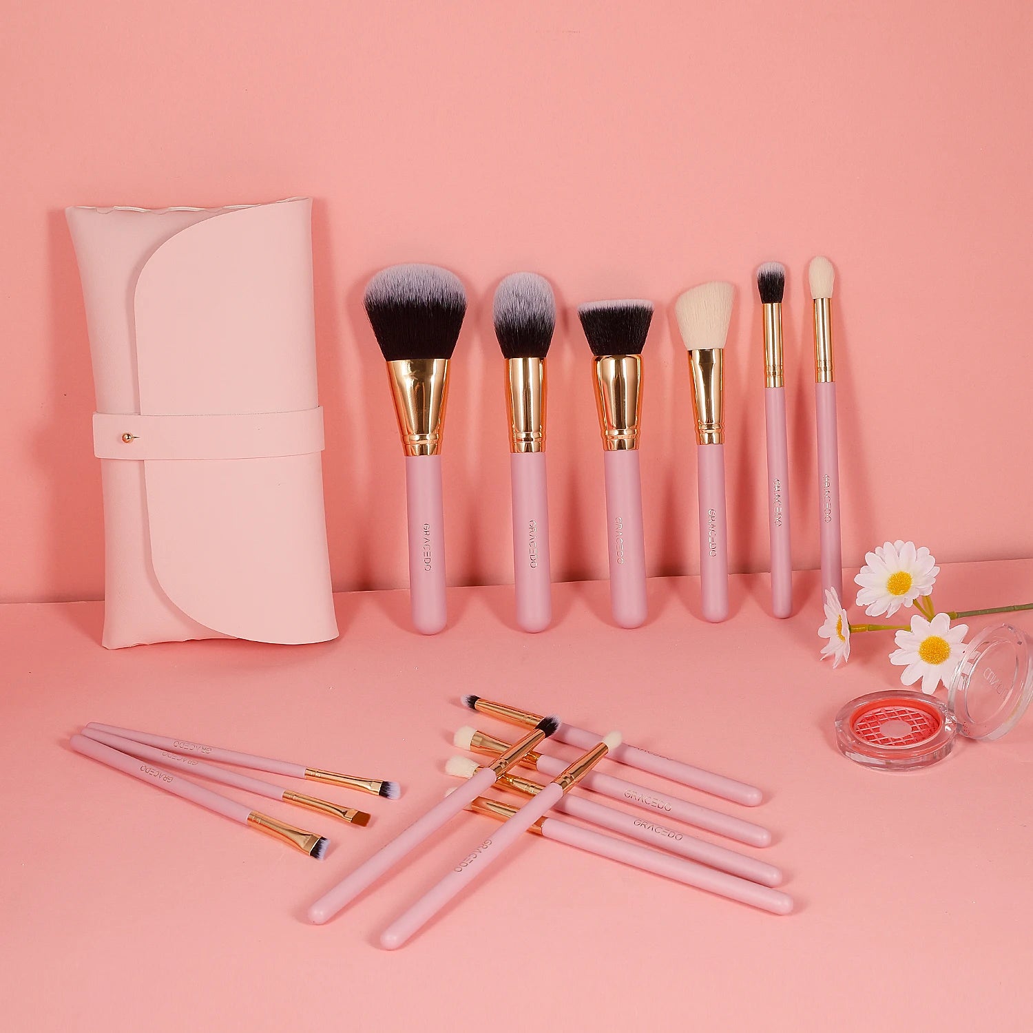 GRACEDO Vegan Pink 15-Piece Wood Handle Synthetic Hair Makeup Brush Set-Customizable Private Label Travel-Friendly Professional