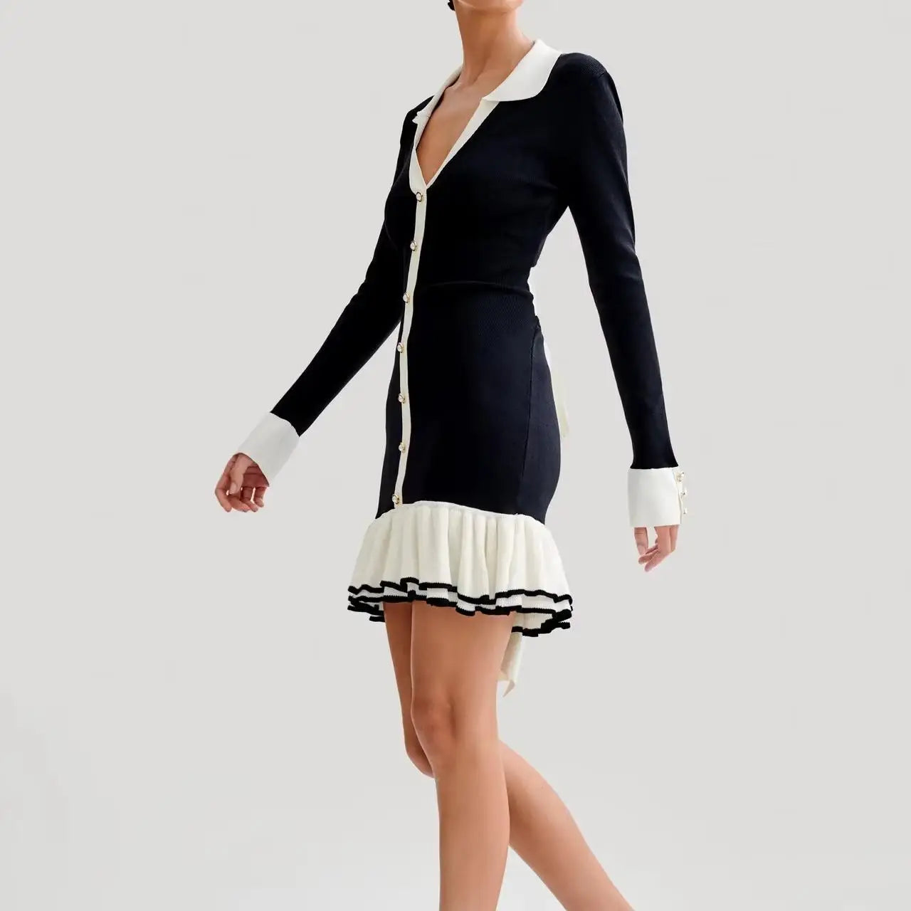 Simple Fashion Design Long Sleeve Open Back Casual V Neck Elegant Solid Color Mini Dress Women