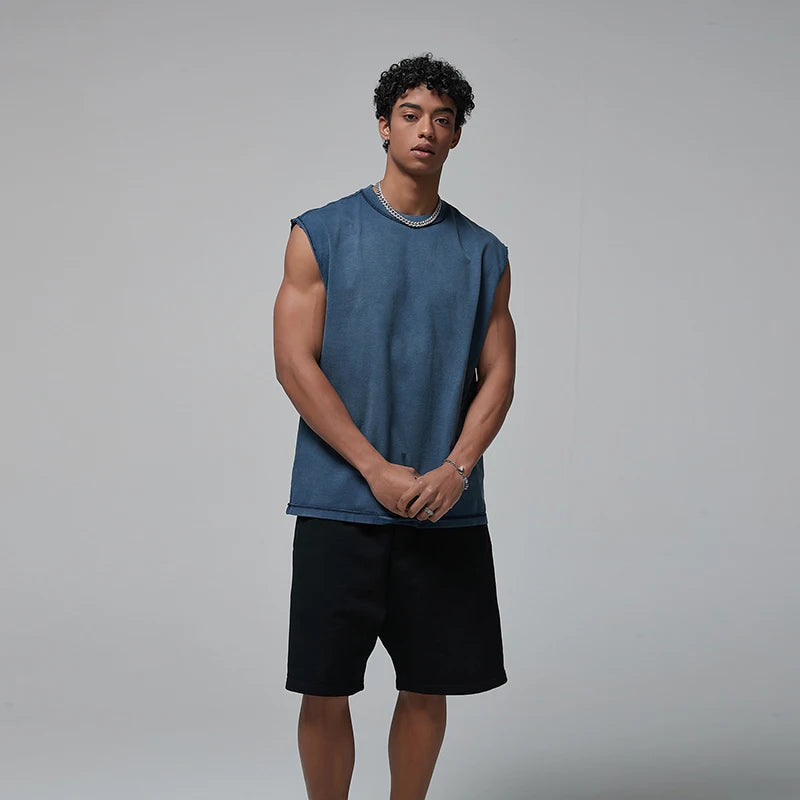 Custom Men Oversized Casual Street Acid Washed Tank Tops Summer Fashion Breathable Tank Tops Cotton Streetwear Tanktop