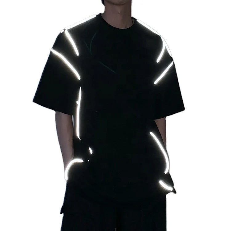 Wholesale 100% Cotton Blank Round Neck Boys Tee Shirts Oversized Drop Shoulder Reflective Stripe Men T Shirts