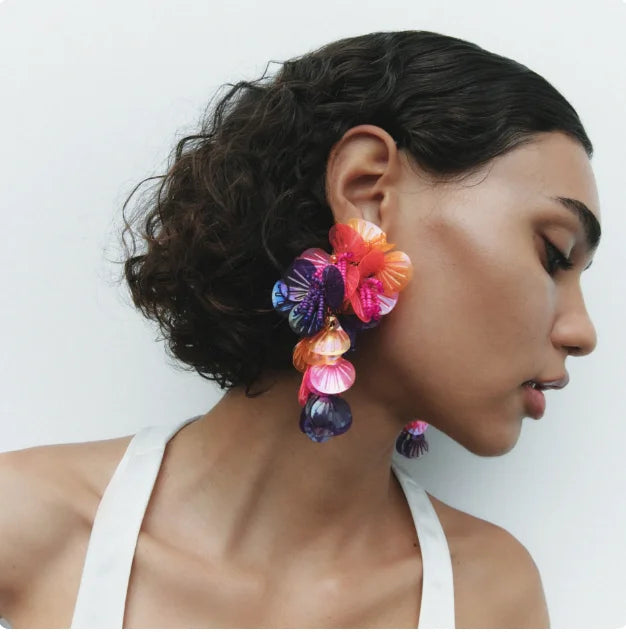 ZA Handmade Women's Multicolor Beaded Shell Flower Tassel Earrings Floral Sequin Wedding Jewelry Fashion Drop Hanging Earpiece