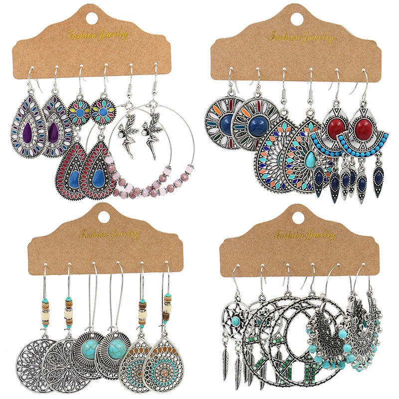 Baroque Boho Style Antique Silver Plated Turquoise Waterdrop Pendant Women Bohemian Earring Set Jewelry