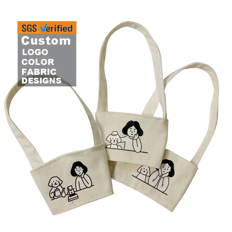 Reusable Drinking Bottle Strap Custom Canvas Kpop Cup Sleeve Boba Holder Coffee Cup Sleeve Carrier With Handle