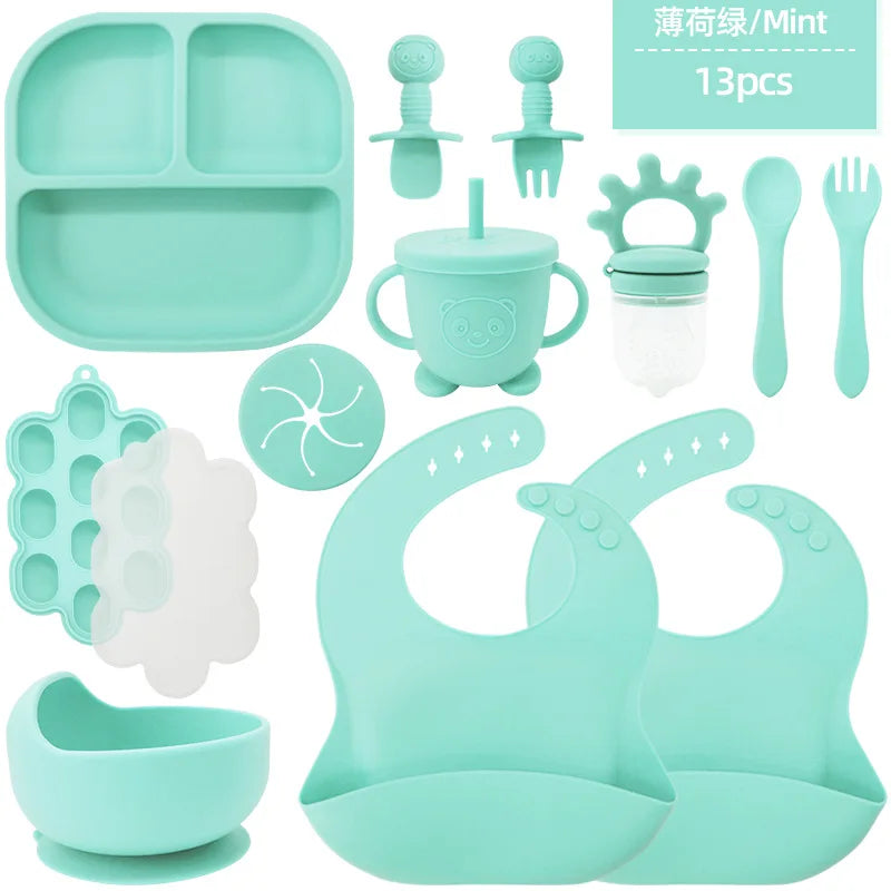 Silicone Baby Product 13-pieces Baby Feeding  Set Utensil Set Soft Spoon and Fork with Pacifier BPA-Free