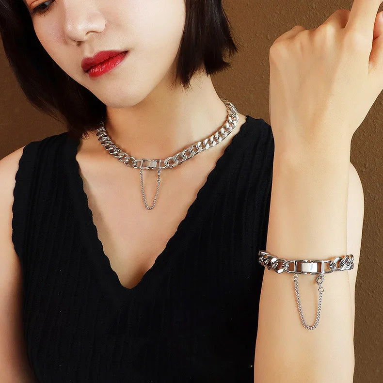 18k Gold Plated Stainless Steel Exaggerated Thick Heavy Hip Hop Cuban Chain Chokers Necklace and Bracelet Set for Women