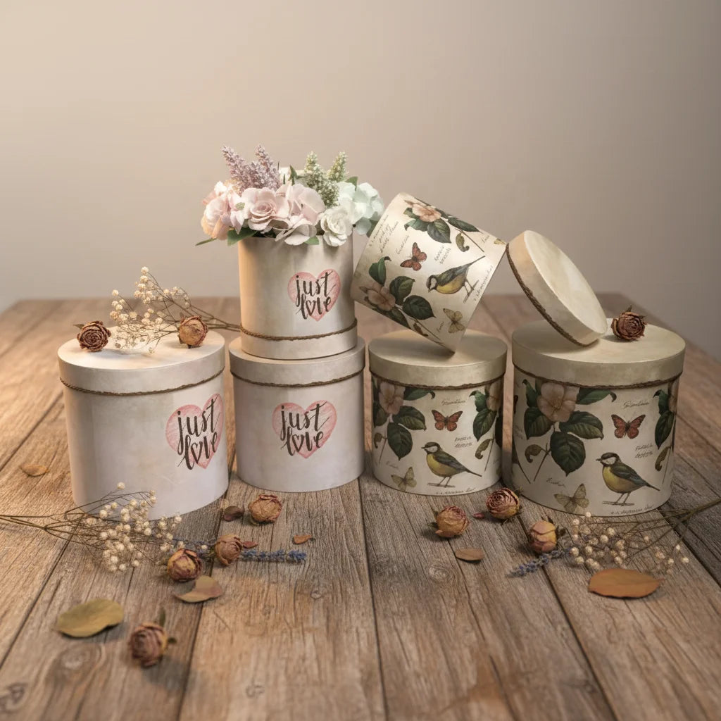 Accept Custom Retro Printed Round 3-Piece Set of Flowers Hug Bucket Bucket Flower Box Companion Paper Boxes Packaging Gift Box