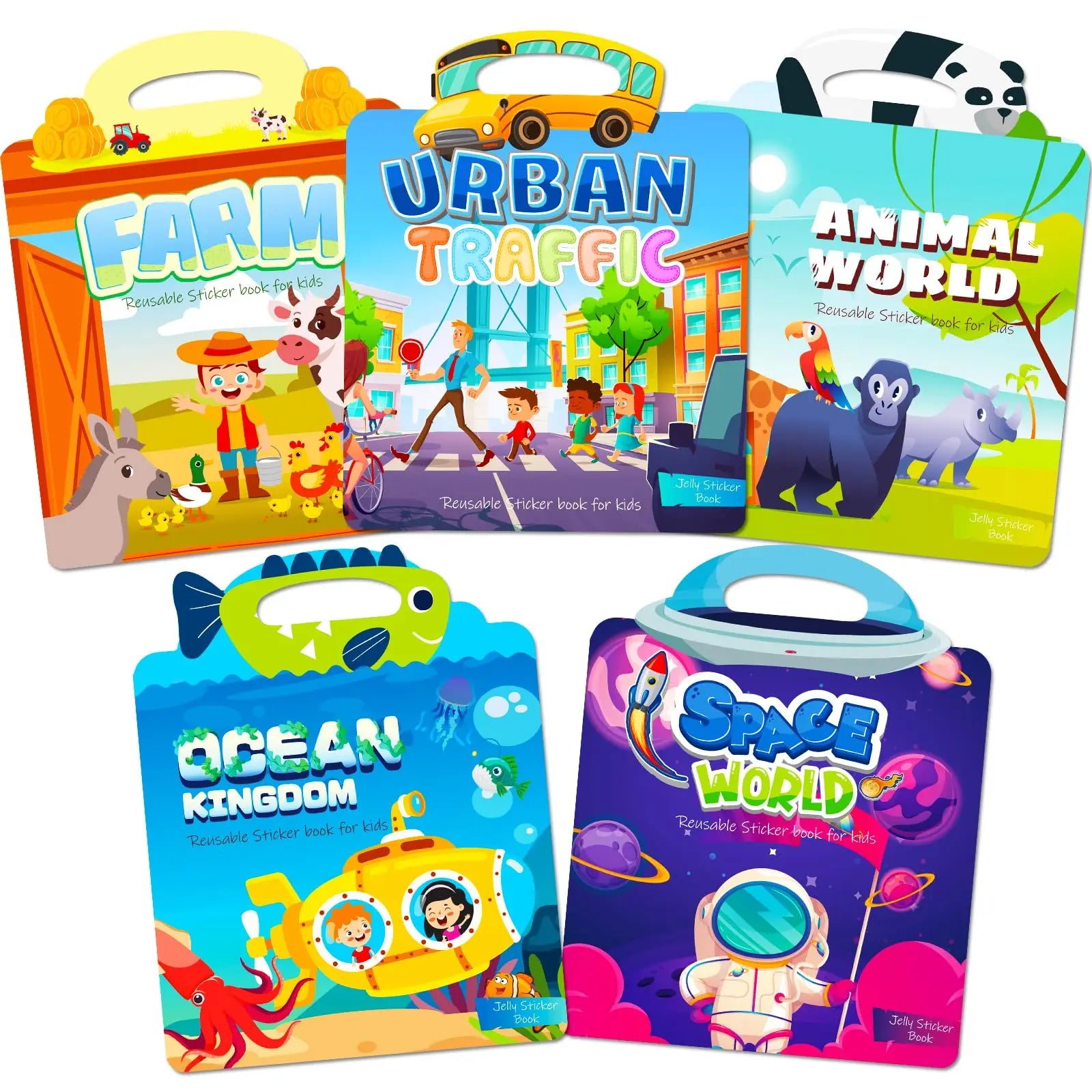 5 Reusable Waterproof Cartoon Gel Sticker Books with Custom Colors for Kids Busy Activity Toy-Preschool Education for Boys Girls