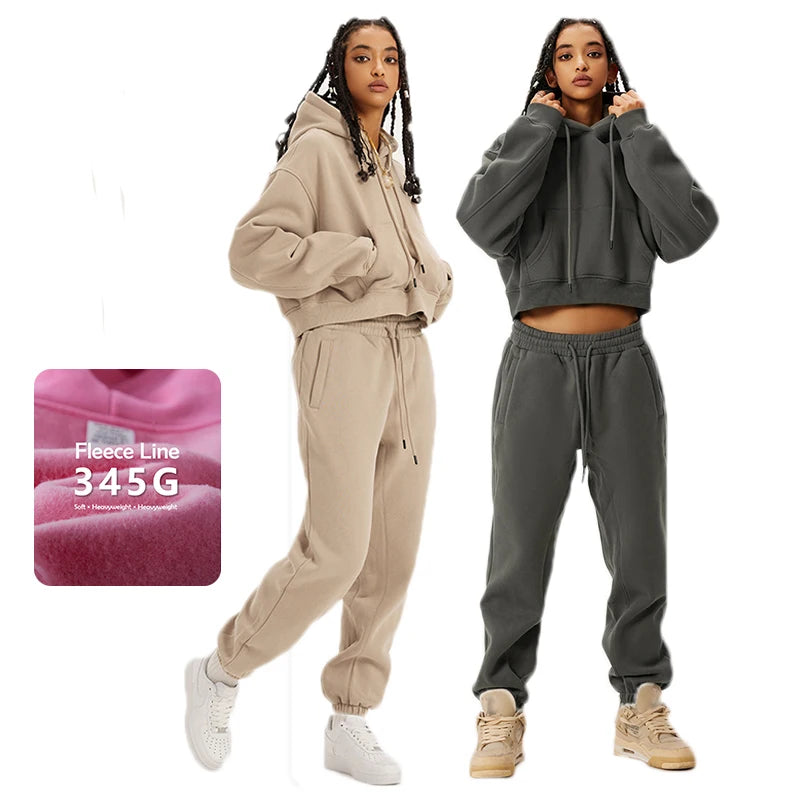 New 2023 345G Fleece Thickened Sportswear Women Solid Color Sweatshirt Heavyweight Sweaters Sweatpants Hoodies Sets Tracksuits