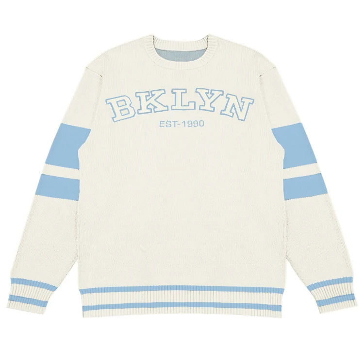 Custom Logo Letter Jacquard Knit Pullover Designer Crew Neck Stripe Letterman Sweater