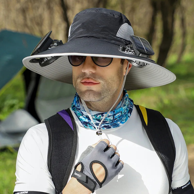 Wholesale Fashion Uv Protection Bucket Hat Upf Sun Protection Dual Usb Solar Charging Fan Hat Solar Powered Fan Hat