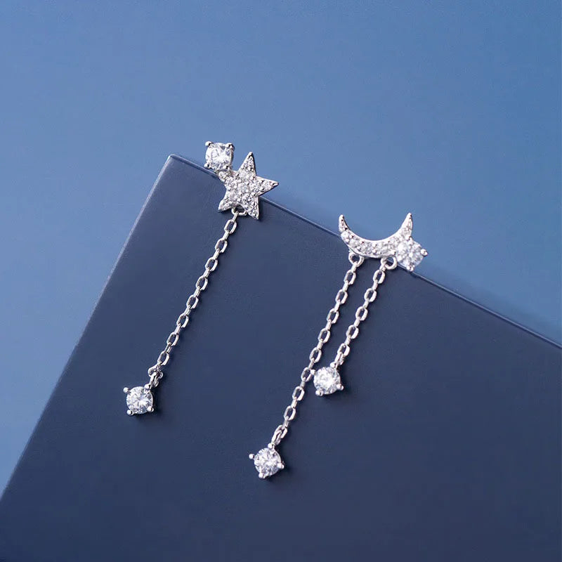 100% 925 Sterling Silver Asymmetry Star Moon Zircon Pave Wedding Drop Earrings for Women Gifts Jewelry