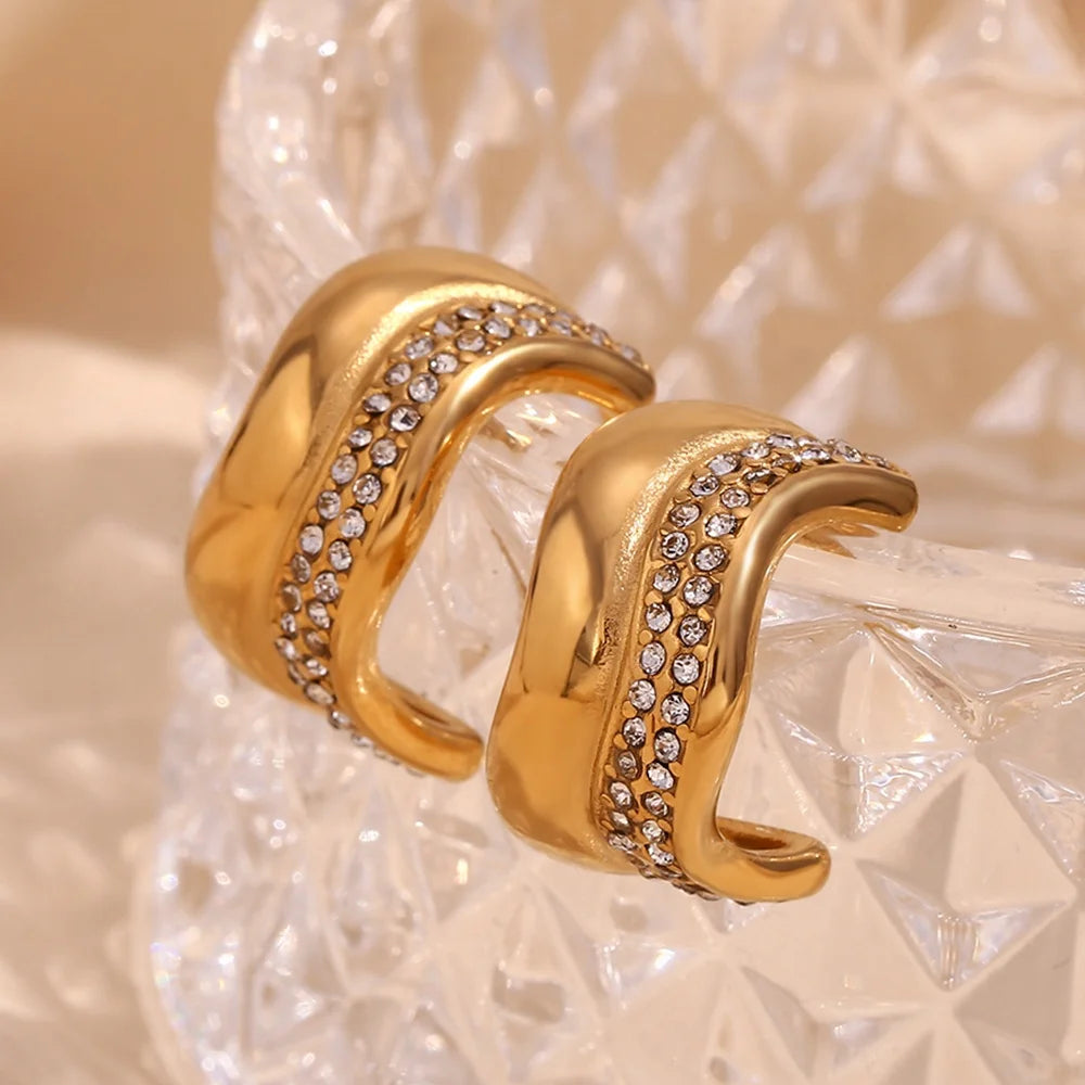 Dreamshow Trends Water Wave Zircon Earring 18k Gold Plated Stud Earrings Stainless Steel Hoop Earring