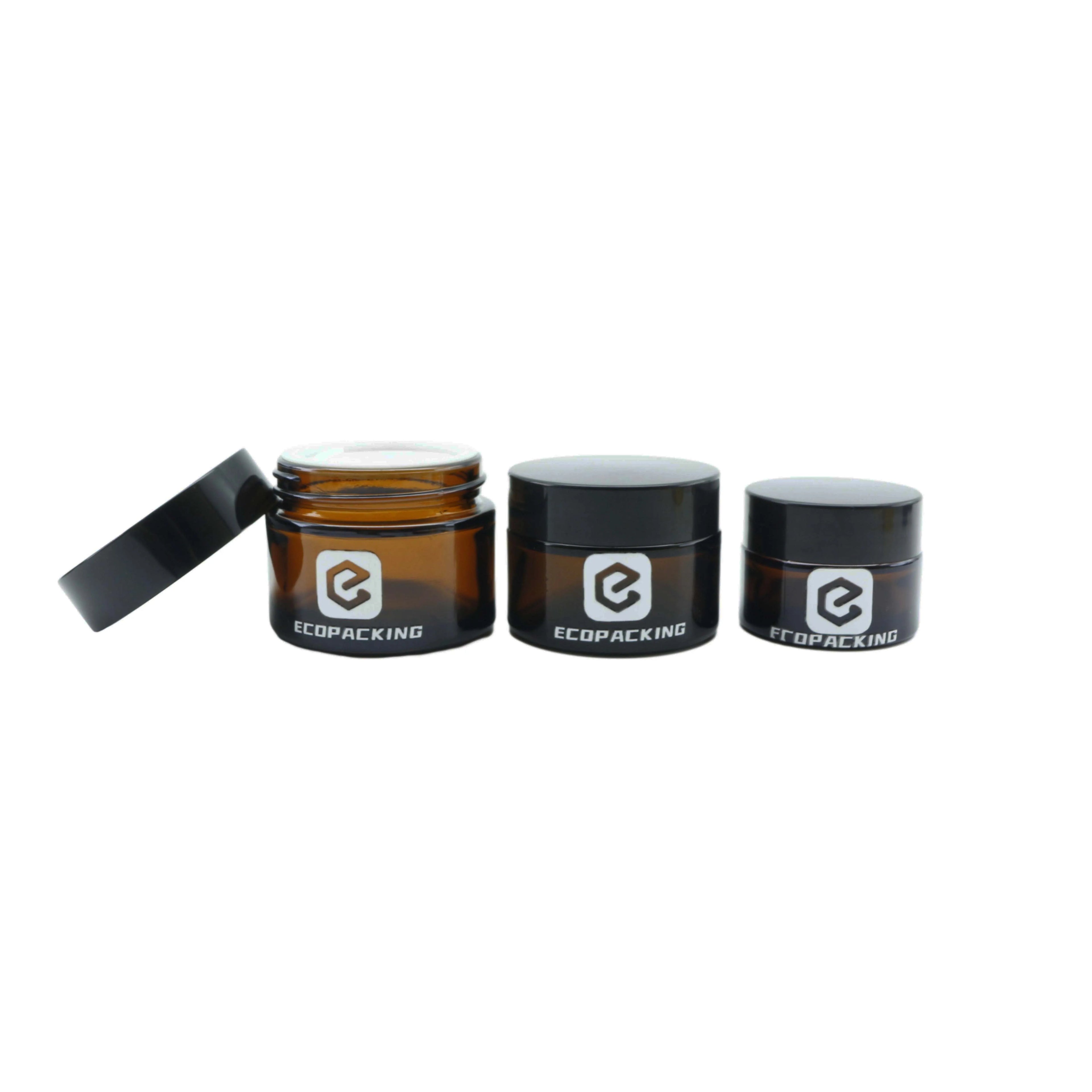 Empty Round Cosmetic Container Refillable Mini Eye Cream Face Cream Amber Glass Jar With Black Lids
