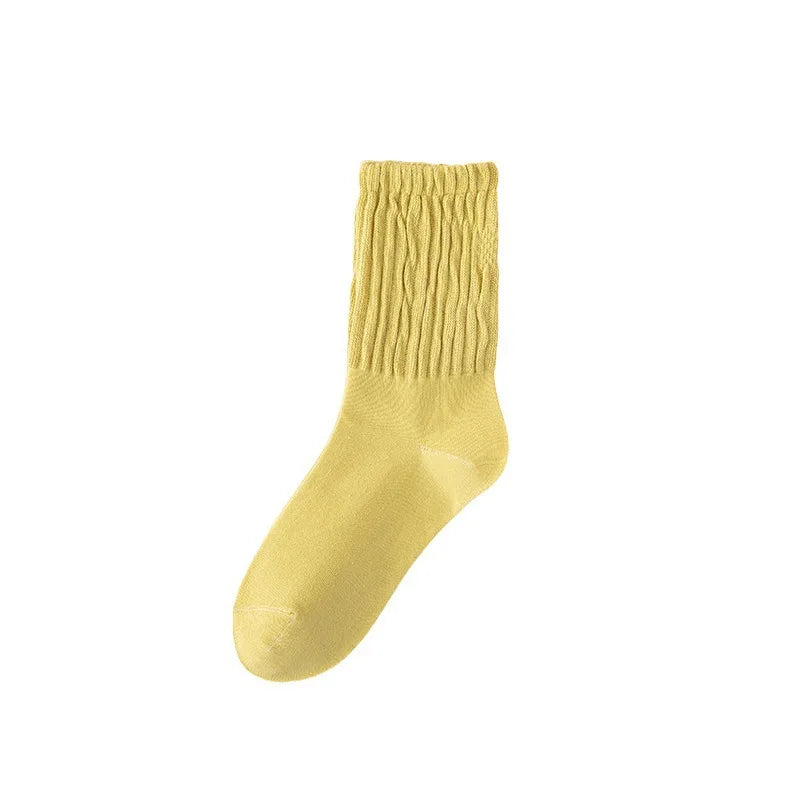 All-In-One Macaron Pleated Pile Cotton Girls' Mid-Tube Socks Solid Color Anti-Slip Breathable Knitted Crew Casual for Autumn