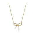 Vintage Platinum & 14K Gold Best Friends Necklace with Imitation Pearl CZ Zircon Bow Pendant for Women MegaBDM