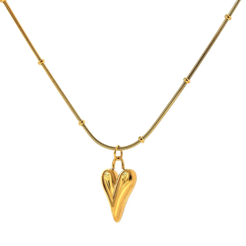 HOVANCI Classic Satellite Curb Chain With Bead Link Chain Stainless Steel Gold Plated Heart Pendant Necklace for Women Gifts