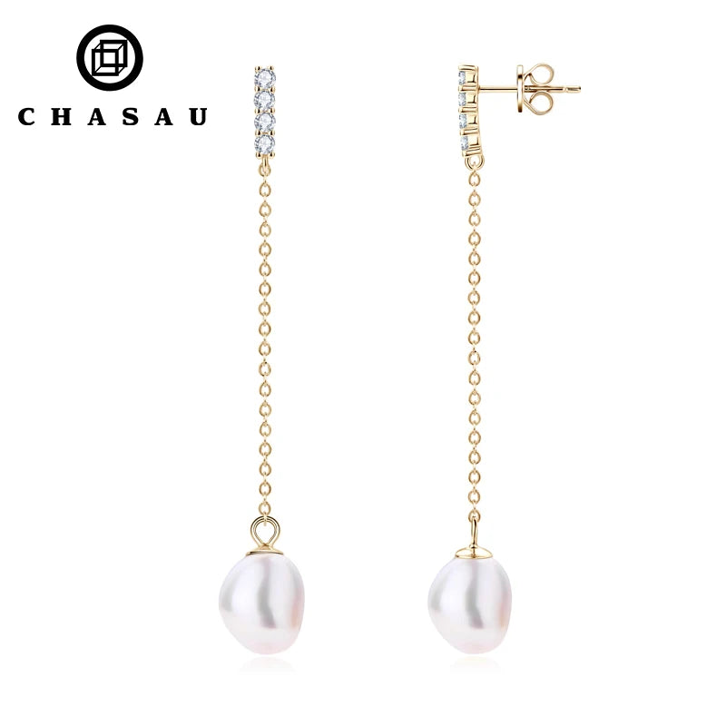 Best Selling Trendy 925 Sterling Silver Pearl Earrings 9mm Baroque Natural Freshwater Pearls Chain Earrings for Women