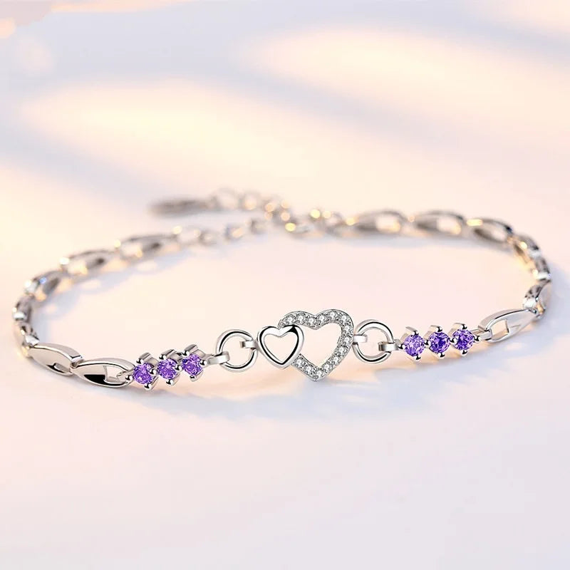 2024 New Wholesale Brass Inlaid Zircon Silver Plated Heart to Heart Bracelet Fashion Jewelry Gift for Unisex Anniversary
