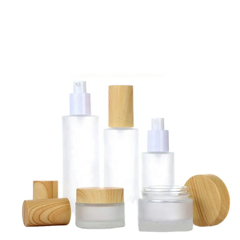 Wood Printing 20ml 30ml 40ml 50ml 60ml 80ml 100ml 120ml Bamboo Style Cosmetic Frosted Glass Lotion Pump Bottle Cream Jar Sets