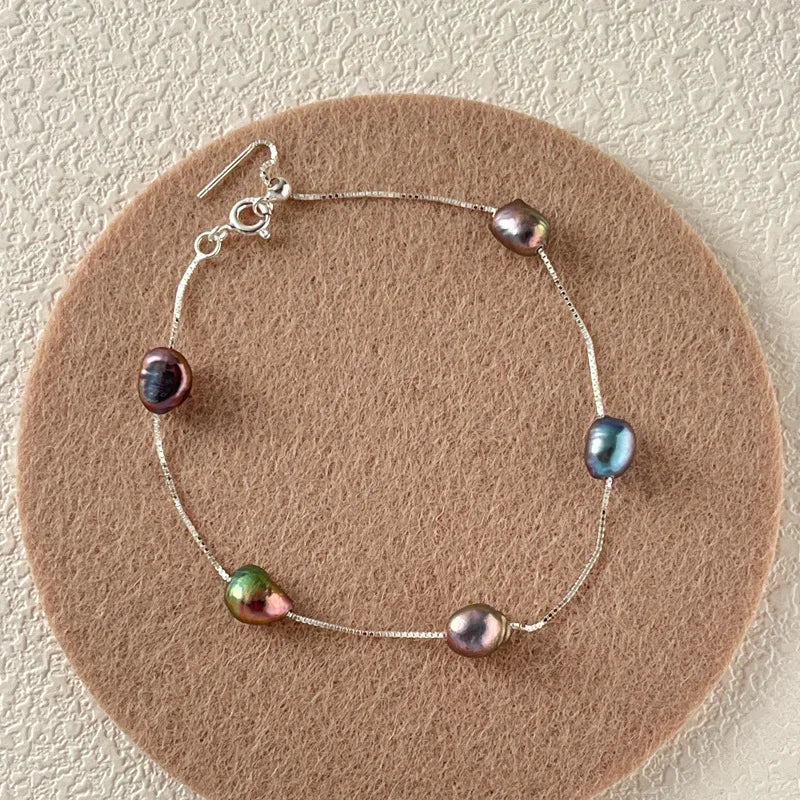 925 Sterling Silver Dainty Chain Baroque Freshwater Pearl Bracelet Minimalist Colorful Fine Jewelry for Women