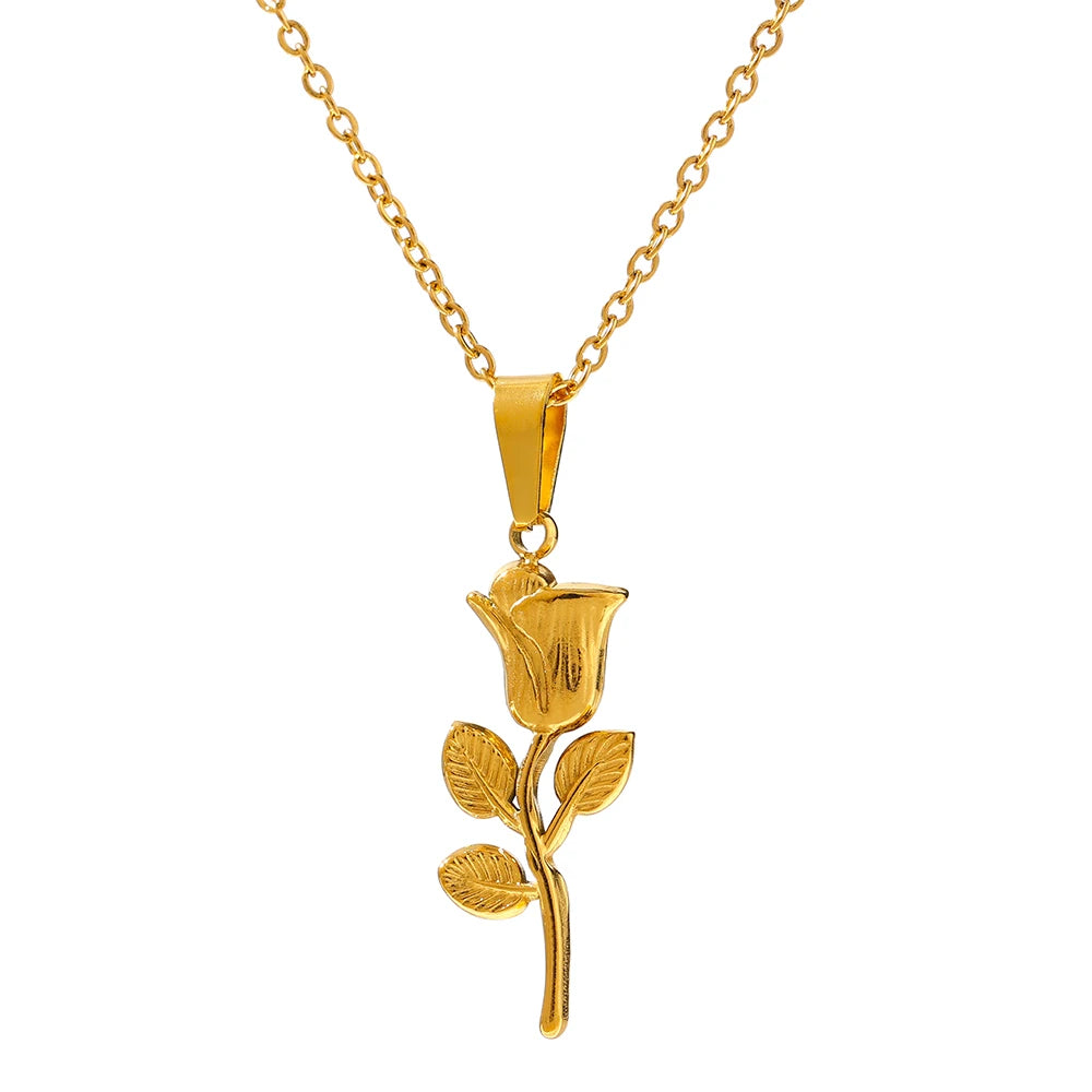 JINYOU 1276 Trendy Metal Gold Plated Pendant Necklace for Women Charm Fashion Stainless Steel Rose Flower Necklace Jewelry