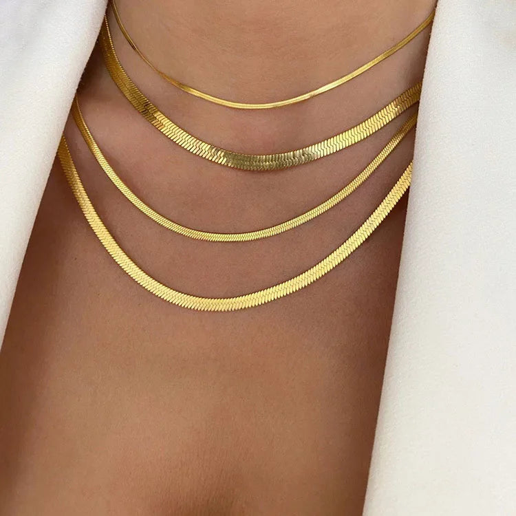 G1997 Collar PVD 18k Gold Filled Stainless Steel Herringbone Choker Layered Necklace Flat Snake Chain for Women Jewelry