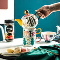 European Fashion Style Handpainted Ceramic Coffee Cup and Pot Set Luxury Gold Plated Afternoon Tea Juice Cup Kettle Set Gift Box
