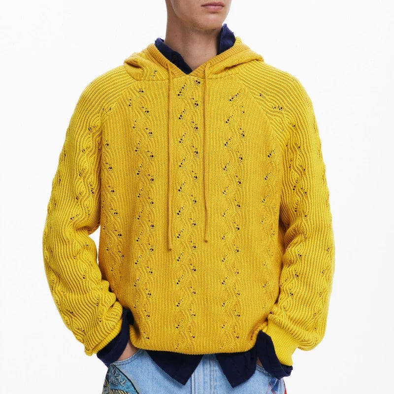 100% Cotton Solid Color Knitwear Manufacturers Crochet Hoodie Sweater with Adjustable Drawstring Elastic Waistband Front Logo
