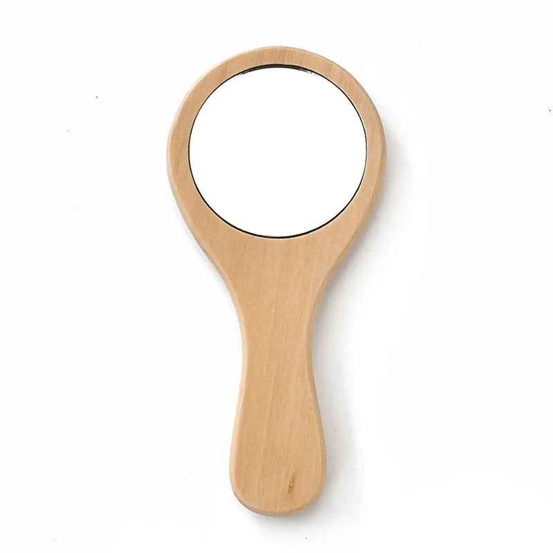 Round Portable Makeup Mirror Reusable Holding Single-Sided Mini Wooden Makeup Pocket Mirror