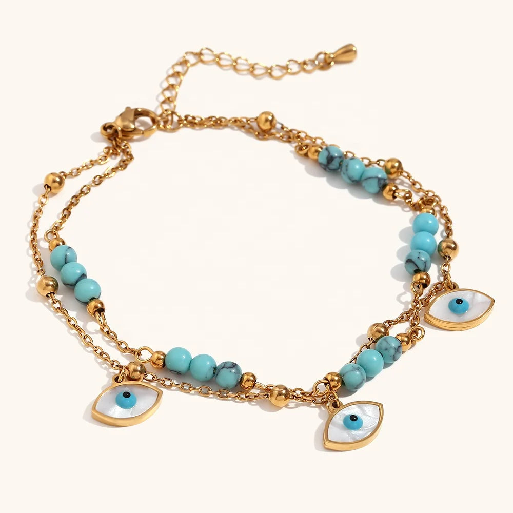 Dingran Fashion Double Layer Turquoise Evil Eye Anklet Gold Plated Stainless Steel Women Anklets
