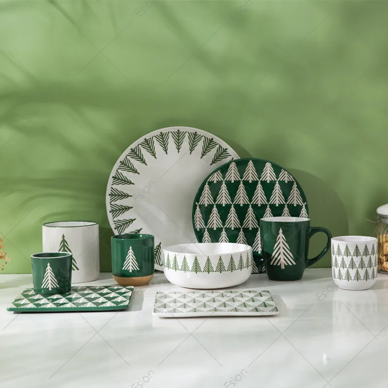 Eco Friendly Custom Silk Screen Printing Christmas Stoneware Plates Ceramic Crockery Dinnerware Set
