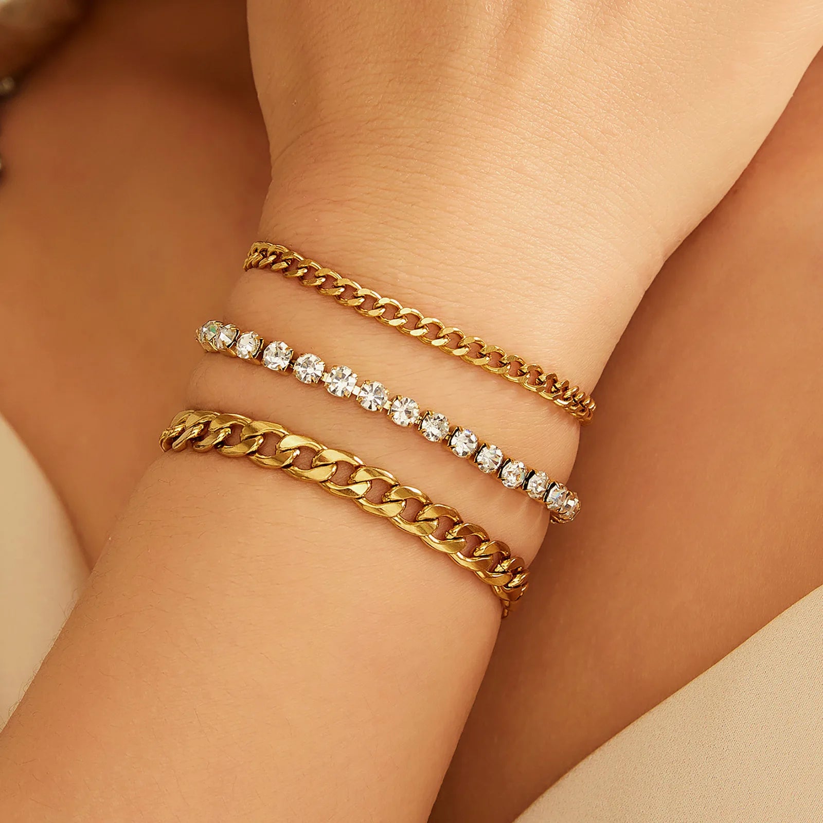 3PCS 4 6 MM Link Chain Bracelet Women's Stainless Steel Jewelry 18k PVD Gold Plated Stackable Diamond Chain Bracelet Set