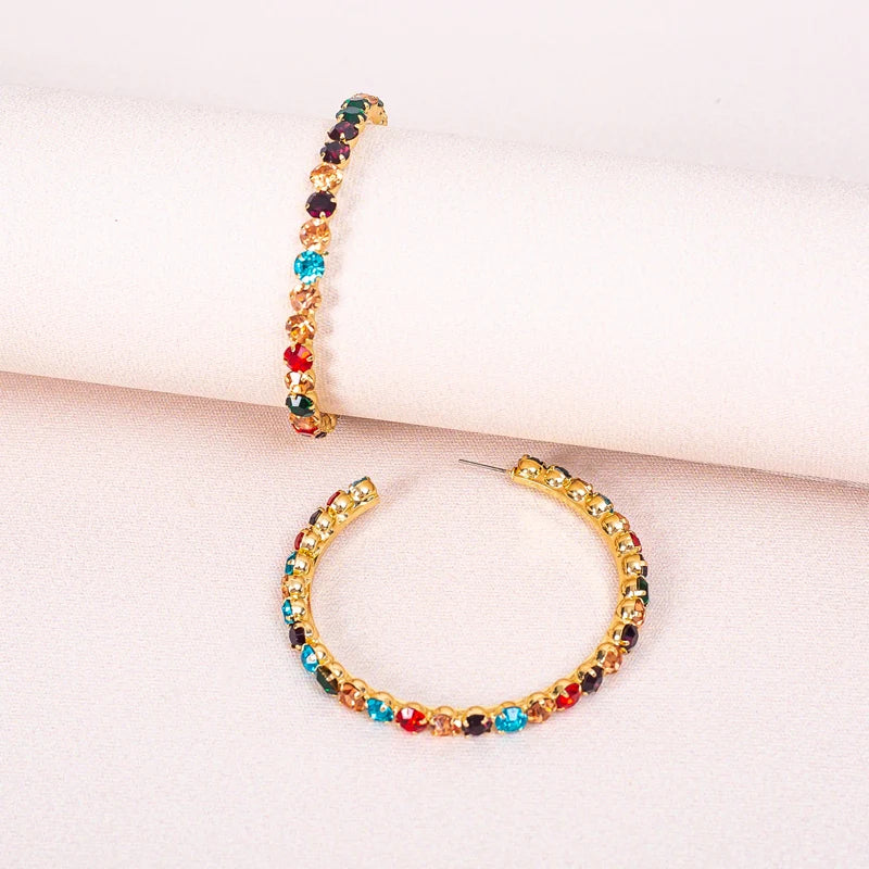Exaggerated Jewelry Gold Plated Round Drop Earrings Women Color Rhinestone Crystal Hoop Earrings