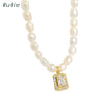 Wuqie Beauty CZ Mirco Pave Square Pendant Necklace Elegant Pearl Necklace Silver Jewelry